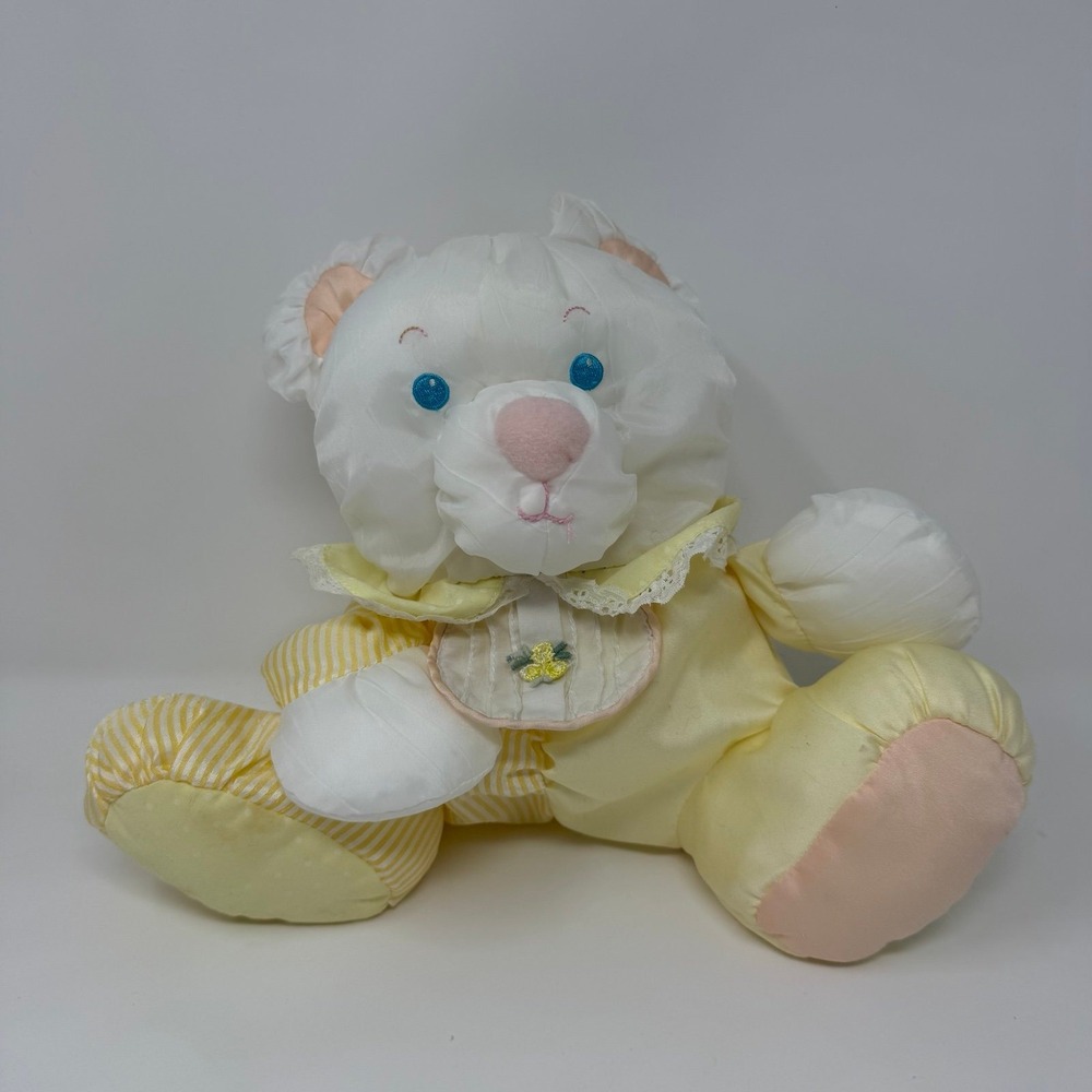 Vintage 1988 Fisher Price Puffalump Bear Yellow Rattle‎ Plush Baby Toy Nylon 80s